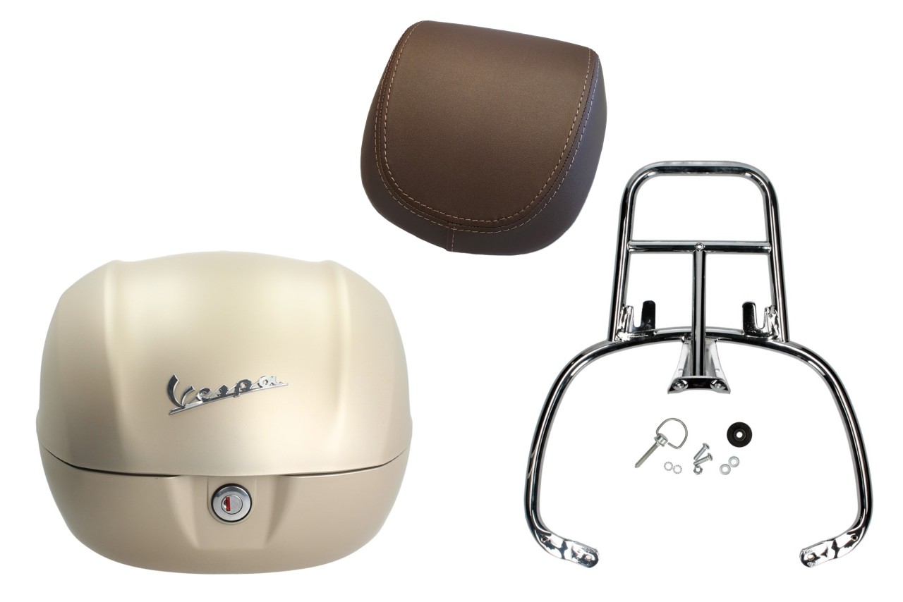 Topcase Kit 32L beige unico matt opaco (516/A), brown back cushion, chrome luggage rack for Primavera