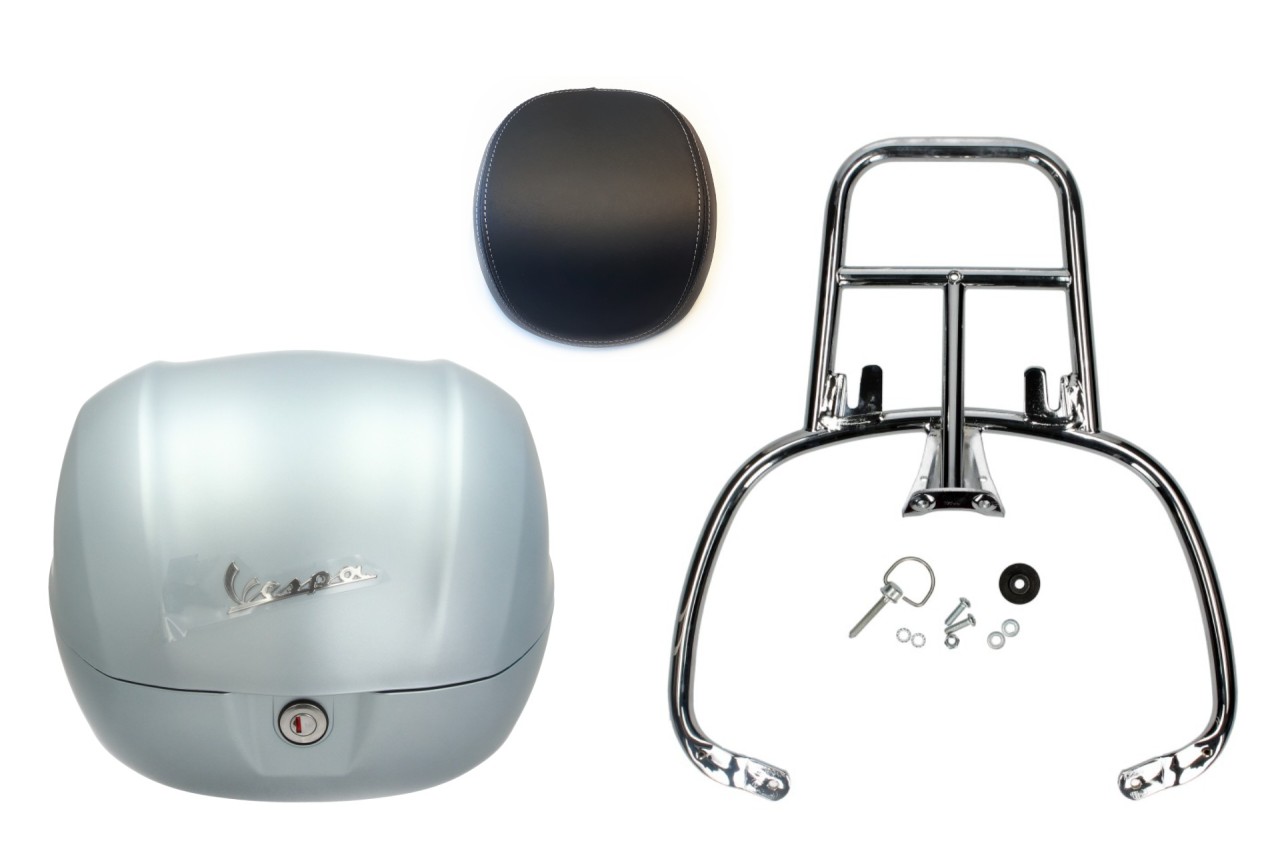 Topcase kit 32L gray blue matt (G02), back cushion black, luggage rack chrome for Primavera