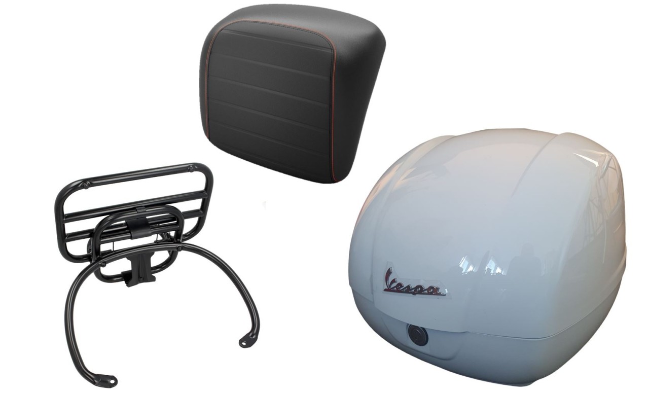 Topcase kit 36L white, luggage rack black, back cushion black with orange stitching for Vespa GTS