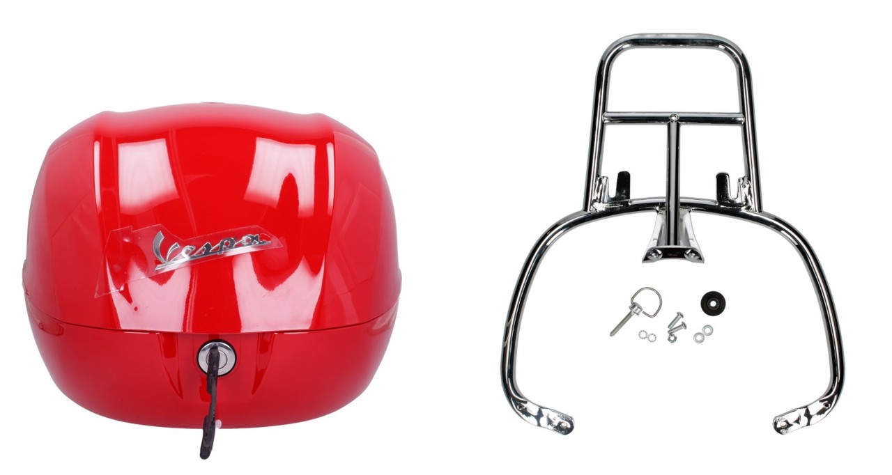 32L Top Case Kit, Red Dragon (894), Chrome Luggage Rack for Vespa Sprint / Primavera