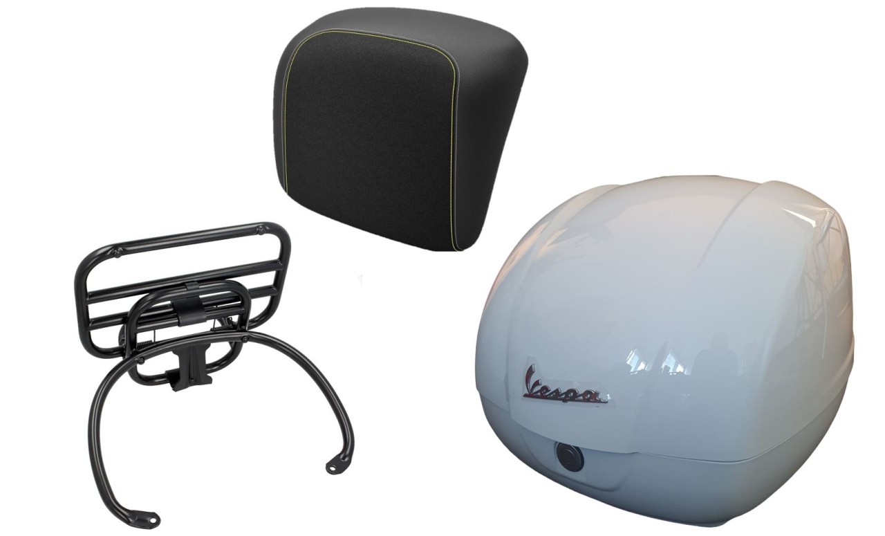 Topcase kit 36L white, luggage rack black, back cushion black with yellow stitching for Vespa GTS