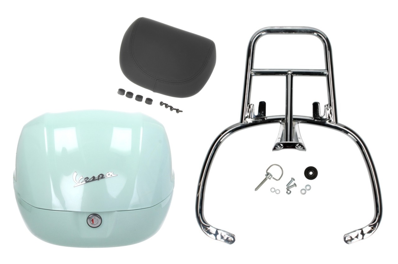 Topcase Kit 32L latte menta (350/A), back cushion black, luggage rack chrome for Primavera