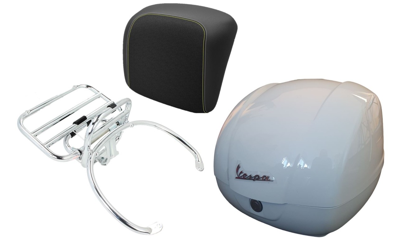 Topcase kit 36L white (B04), luggage rack chrome, back cushion black with yellow stitching for Vespa GTS