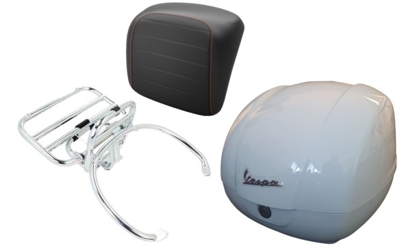 Topcase kit 36L white, luggage rack chrome, back cushion black with orange stitching for Vespa GTS
