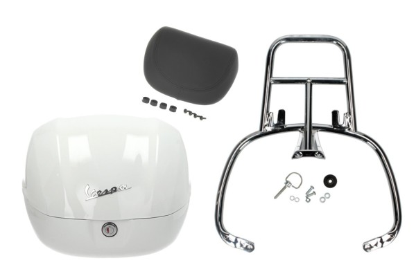 Topcase Kit 32L white (B04), back cushion black, luggage rack chrome for Primavera