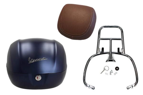 Topcase Kit 32L deep blue matt opaco (288/A), back cushion dark brown for Vespa Primavera